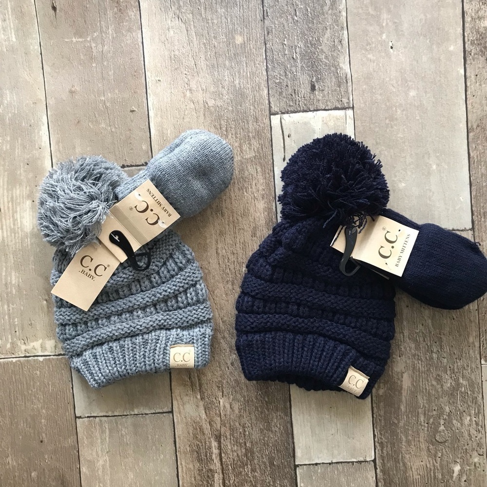 C.C. Brand Baby Pompom Beanie and Mitten Set - Picture 1 of 3